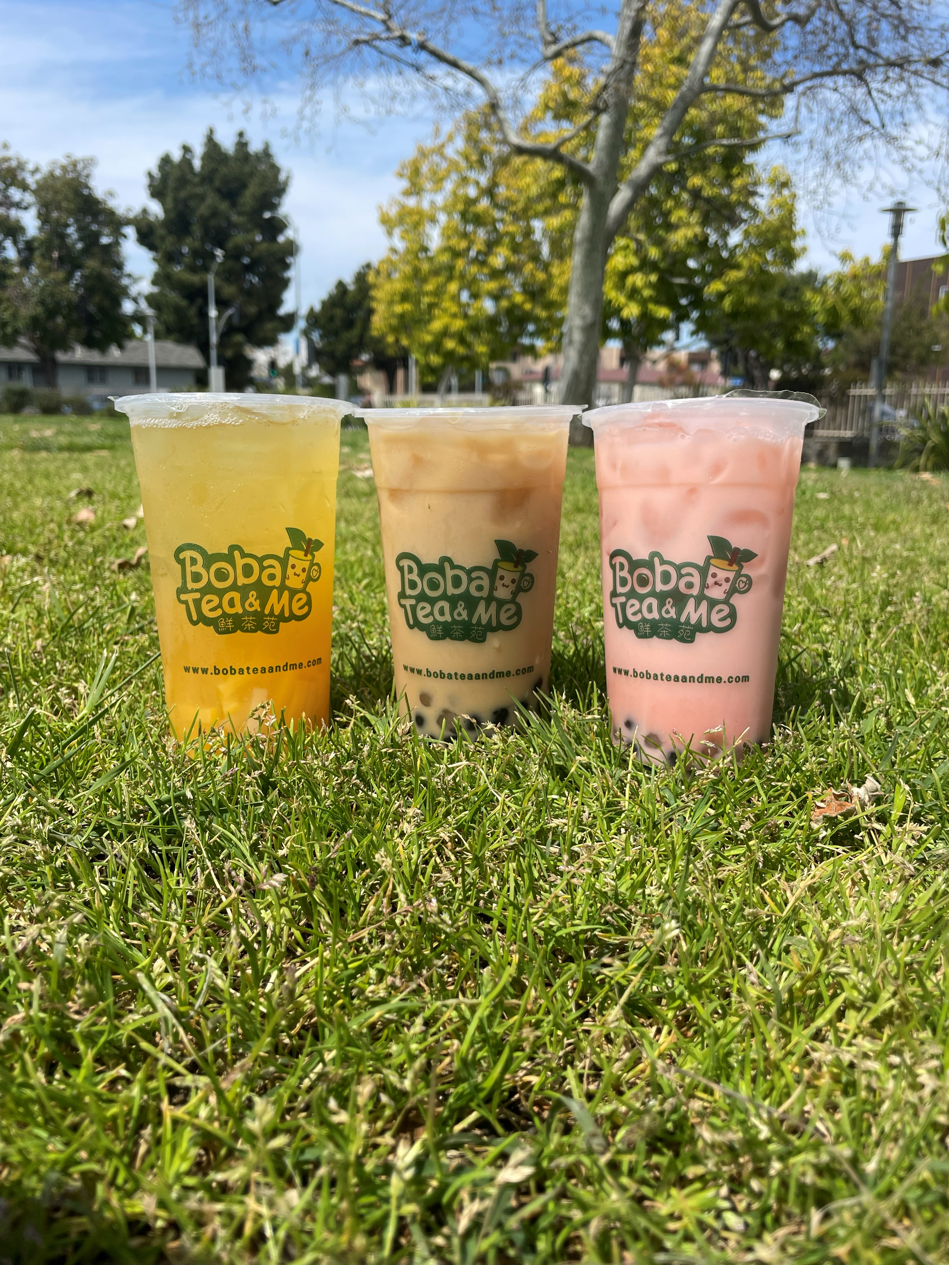 Three colorful Boba Tea & Me drinks set in the grass.