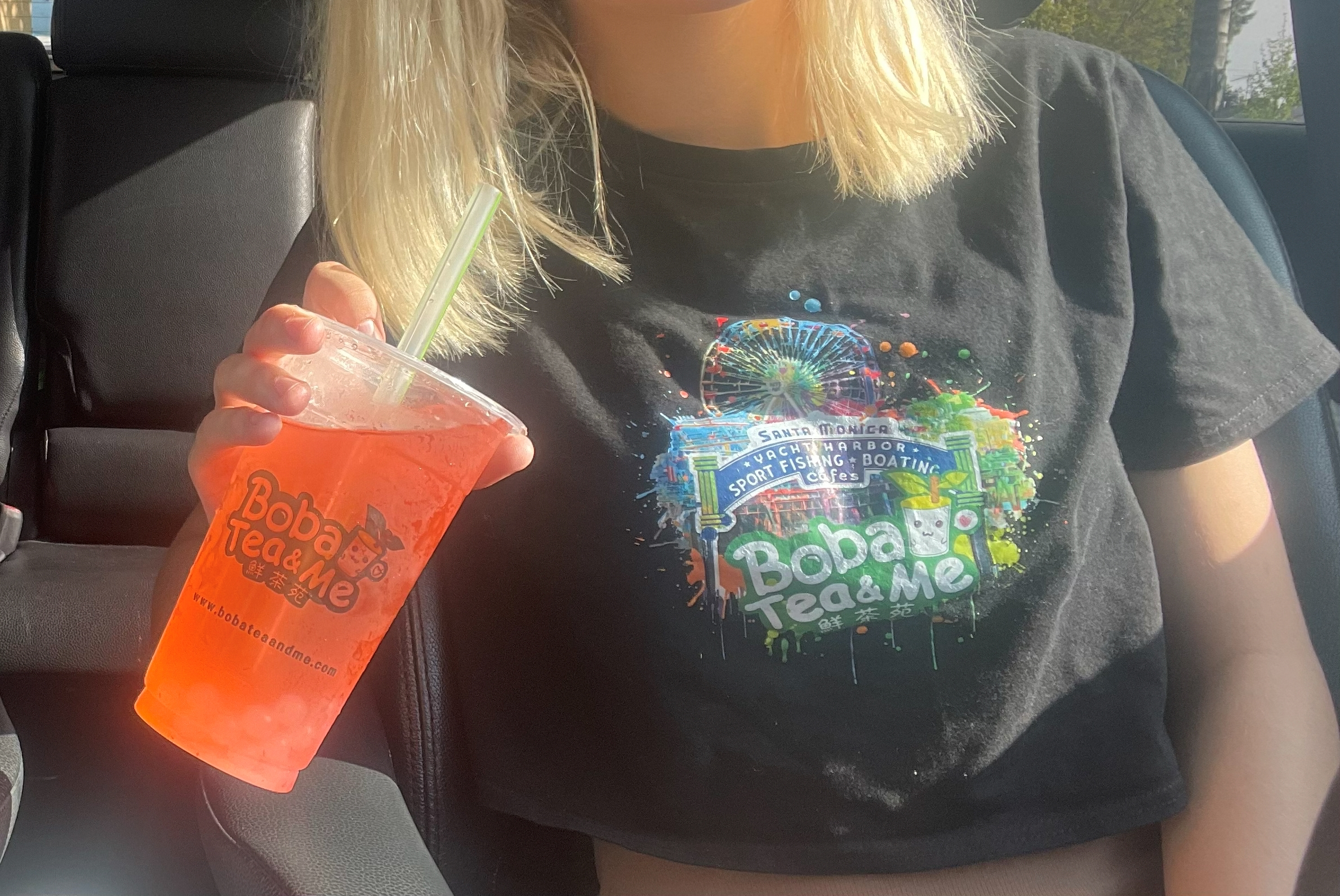A Boba Tea & Me drink photographed outside in bright Santa Monica light.