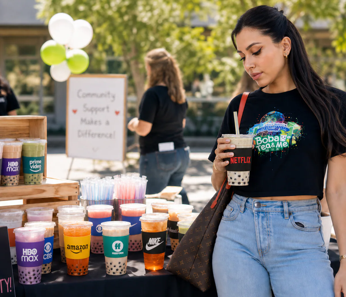 Outdoor Boba Tea and Me partnership mockup with branded sleeves on boba drinks.
